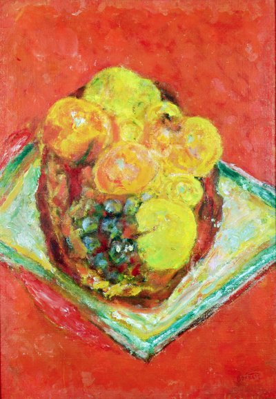 赤いテーブルクロスの上の桃と葡萄」1943年頃（油彩・キャンバス 作： Pierre Bonnard