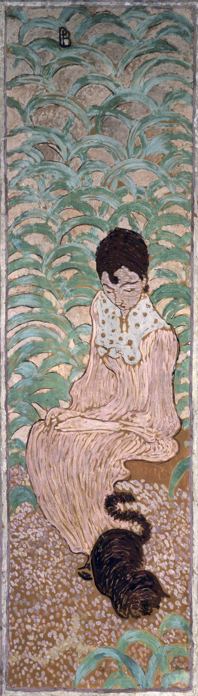 1891年の庭の女性たちの4つのパネルの1つ、猫と一緒に座っている女性（キャンバスに油彩） 作： Pierre Bonnard