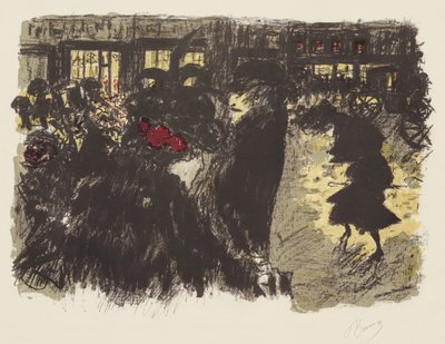 パリ生活の諸相7 夕方の広場」1898年頃（織紙に黄、赤、紫、緑灰色のリトグラフ 作： Pierre Bonnard