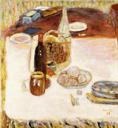 赤ワインのボトルのある静物 作： Pierre Bonnard