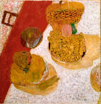 テーブルコーナー 果物の静物。ピエール・ボナール（1867-1947）の絵画 1935年 薄暗い。67x63,5 cm パリ、国立近代美術館 作： Pierre Bonnard