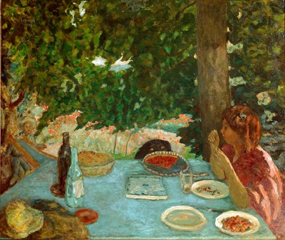 チェリーパイ 庭のテーブルに座る若い女性。ピエール・ボナール（1867-1947）の絵画 1908年 薄暗い。115x126 cm チューリッヒ、ピーター・ネイサン コレクション 作： Pierre Bonnard