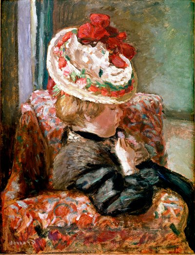 花のソファに座っている麦わら帽子の女性。ピエール・ボナールの絵画 作： Pierre Bonnard
