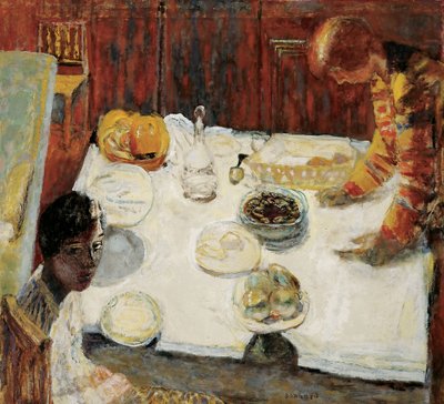 白いテーブルクロスダイニングルーム、1925年 作： Pierre Bonnard