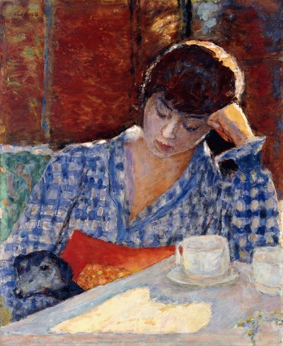 犬と静物でひじに寄りかかる女性 作： Pierre Bonnard