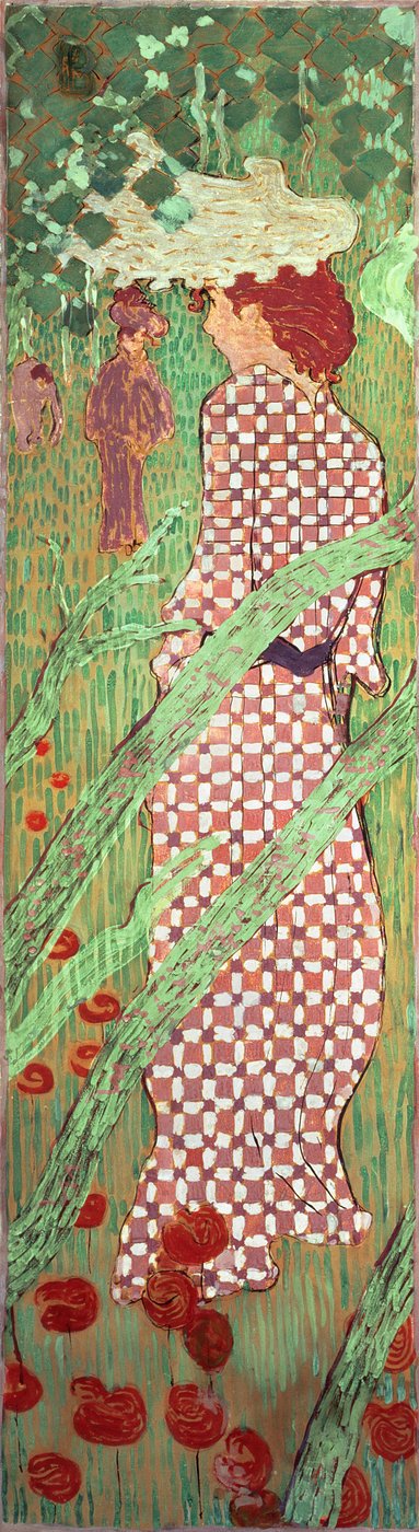 チェックドレスの女性、1891年の庭の女性の4つのパネルの1つ（キャンバスに油彩） 作： Pierre Bonnard
