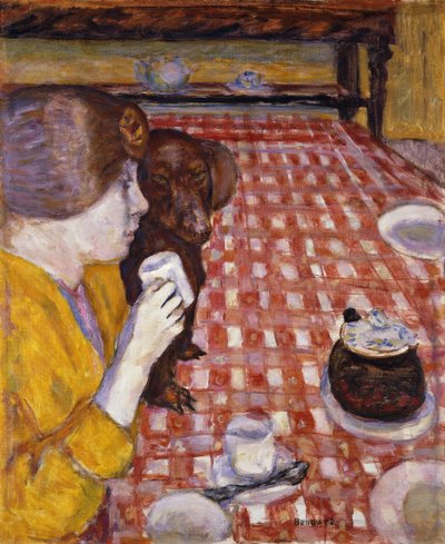 黄色と赤（赤いチェックのテーブルクロス）;黄色と赤（赤いチェックのテーブルクロス） 作： Pierre Bonnard