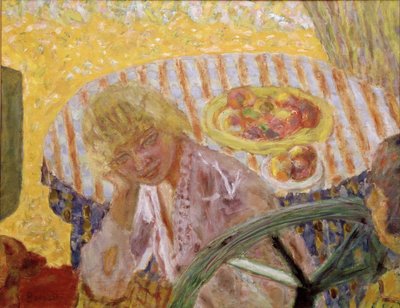 庭の若い女性たち」または「縞模様のテーブルクロス」 ピエール・ボナール（1867-1947）の絵画 1921-1923年 個人蔵 作： Pierre Bonnard