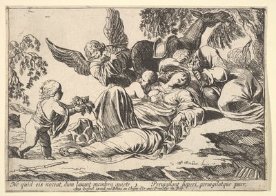 眠っている神聖な家族に実を与える天使、1610-42。 作： Pierre Brebiette