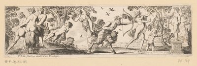 マーキュリーが見守る中、サテュロスがバッカス像に矢を放つ 作： Pierre Brebiette