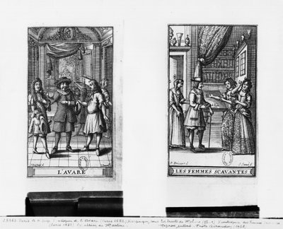 1668年にパリで出版されたジャン・ソーブ（fl.1660-91）によって彫刻されたモリエール（1622-73）による、1668年の &39;The Miser&39;の前絵、および1672年の &39;Learned Ladies&39;の前絵 作： Pierre Brissart