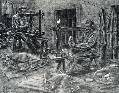 シープスキンに肉付けする職人 ピエール・カルメット個人蔵の「Excursion a travers les metiers」の彫刻 作： Pierre Calmettes