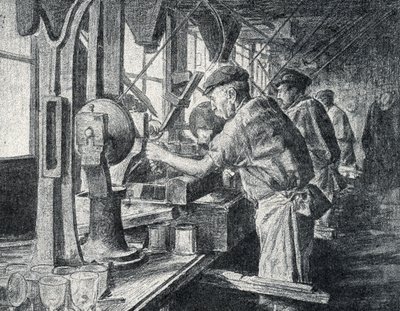 Leikkauspaja kristallilasin valmistuksessa Sevresissä lähellä Pariisia Kaiverrus Pierre Calmetten yksityiskokoelmasta "Excursion a travers les metiers" 作： Pierre Calmettes