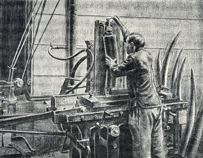 象の牙を切る象牙の職人 ピエール・カルメット個人蔵の「小旅行」からの彫刻 作： Pierre Calmettes