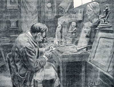 Trabalhador de marfim esculpindo marfim com cinzéis, raspadores e goivas Gravura de “Excursion a travers les metiers” de Pierre Calmette Private Collection 作： Pierre Calmettes
