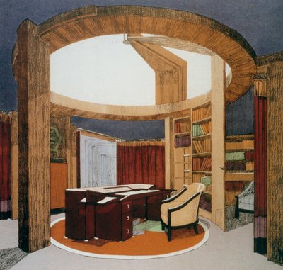 ピエール・シャロー（1883-1950）によるフランス大使の研究図書館（Bureau-Bibliotheque）のデザイン、1925年、フランス、20世紀にパリで開催された装飾芸術の国際博覧会で発表 作： Pierre Chareau