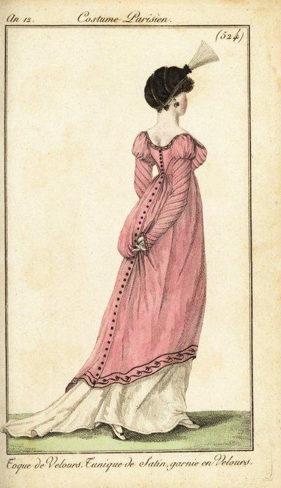 サテンのチュニックドレスとベルベットの帽子をかぶった女性、パリ 作： Pierre Charles Baquoy
