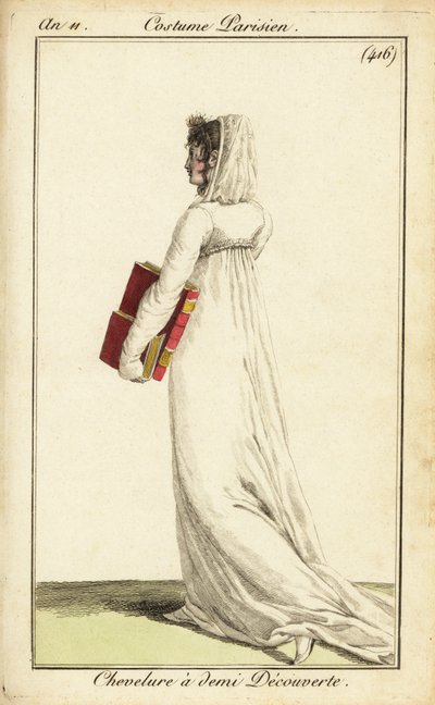 髪の半分にベールをかぶった白いドレスを着た女性、パリ 作： Pierre Charles Baquoy