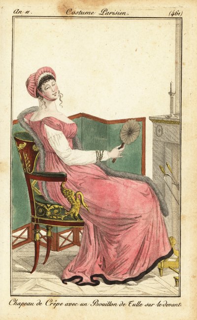 パリのパーラーでエンパイアチェアに座る女性 作： Pierre Charles Baquoy