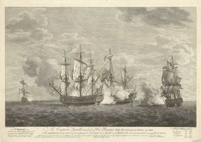 1758年、シント・ユースタティウス沖の3隻のフランス船に対するイギリス船の攻撃 作： Pierre Charles Canot