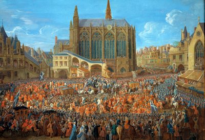 国王ルイ15世（1710年～1774年）が1715年9月12日にパリの司法宮殿で行われた正義の床を去る場面 サント・シャペルが見える - ピエール・ドニ・マルタン（1663年～1742年）によるグワッシュ画 1715年 - パリ、カルナヴァレ美術館 - ルイ15世の旅立ち ( 作： Pierre Denis Martin