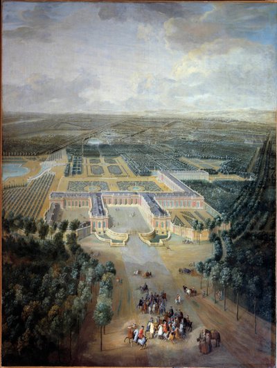 トリアノンの城と庭園の透視図：馬に乗ったルイ15世の遊歩道。ピエール・ドニ・マルタン（1663-1742）の作品。18世紀の作品。縮小。2.96 x 2.23 m. Versailles, musee du Chateau - トリアノンの城と庭園の透視図 作： Pierre Denis Martin