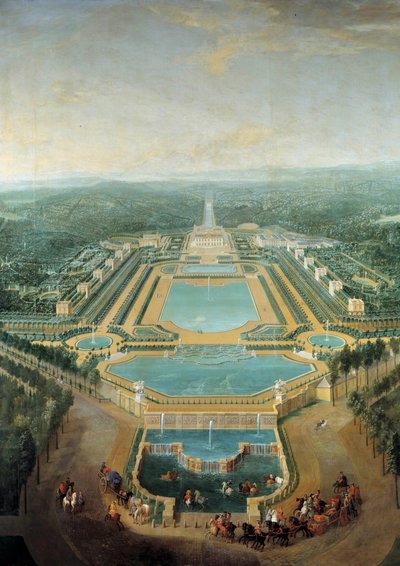 マルリー城の透視図、水桶の前を通る馬車に乗ったルイ15世（1710年～1774年）の子供 絵画：ピエール・ドニ・マルタン（1663年～1742年） 1724年 日没。2,96 x 2,24 m 作： Pierre Denis Martin