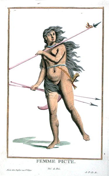 1780年に出版された「Receuil des Estampes, Representant les Rangs et les Dignites, suivant le Costume de toutes of the Nationes Ex Existantes」より、ピクト人の女性（手彩色の彫刻）。 作： Pierre Duflos