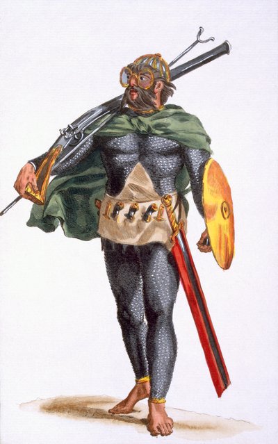 キャップヴェルデ諸島の戦士、「旅の歴史」、1780年（手描きの彫刻） 作： Pierre Duflos