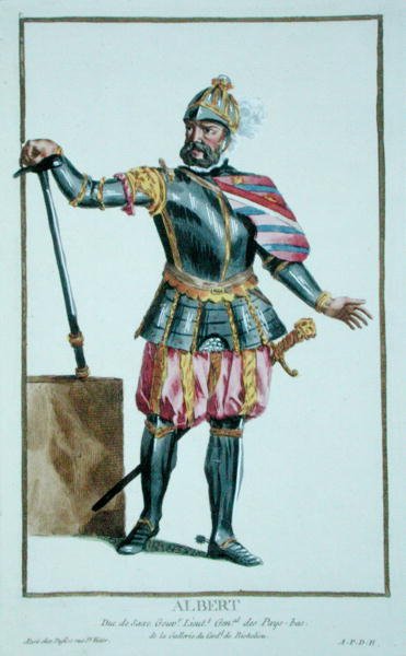 アルベルト・ザ・ボールド（1443-1500）ザクセン公 「現存するすべての国の衣装に沿って、王と高貴な人物を表現した肖像画」より 1780年発行（手彩色のエングレーヴィング） 作： Pierre Duflos