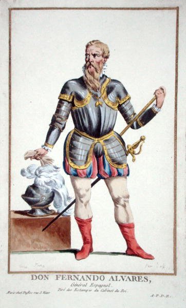ドン・フェルナンド・アルヴァレス（1507-82）、1780年に出版された「Receuil des Estampes, Representant les Rangs and les Dignites, suivant le Costume de toutes of the Nationes Existantes」より（手彩色の彫刻）。 作： Pierre Duflos