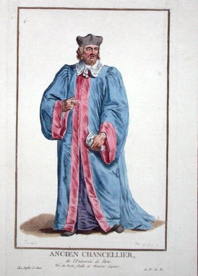 1780年に出版された「Receuil des Estampes, Representant les Rangs et les Dignites, suivant le Costume de toutes the Nationes Existantes」より、パリ大学総長のドレス（手彩色のエングレービング） 作： Pierre Duflos