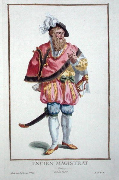1780年に出版された「Receuil des Estampes, Representant les Rangs et les Dignites, suivant le Costume de toutes les Nationes Existantes」より、スイス人行政官の服装（手彩色の彫刻）。 作： Pierre Duflos