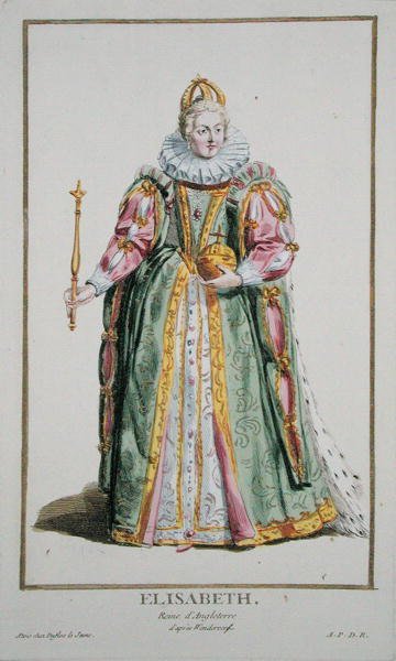 エリザベス1世（1530-1603）、1780年に出版された「Receuil des Estampes, representant les Rangs and les Dignites, suivant le Costume de toutes of the Nation