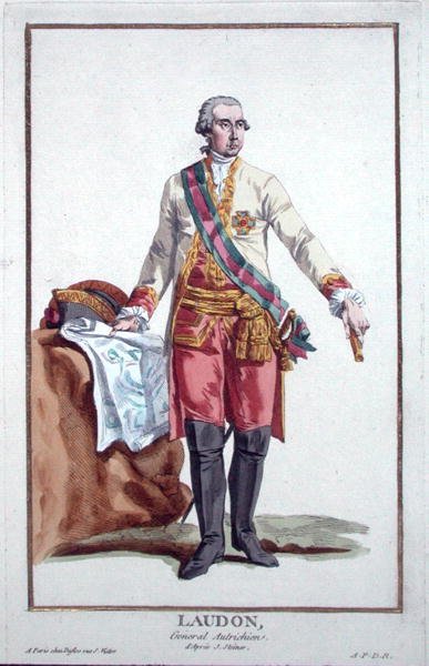ラウドン将軍（1717-90）、1780年に出版された「Receuil des Estampes, Representant les Rangs and les Dignites, suivant le Costume de toutes of the Nationes Existantes」より（手彩色のエングレーヴィング）。 作： Pierre Duflos