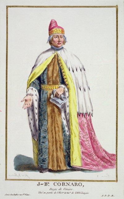 ジョヴァンニ・コルナーロ（1647-1722）ヴェネツィア総督、1780年に出版された「Receuil des Estampes, representant les Rangs and les Dignites, suivant le Costume de toutes of the Nationes Existantes」より（手彩色の彫刻）。 作： Pierre Duflos