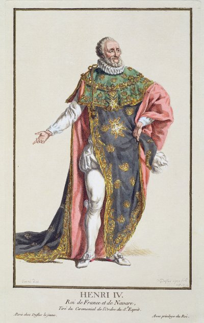 アンリ4世（1553-1610）「すべての国のコスチュームによる、ランクとディグナイトを表すレセイルデエスタンプ」のフランス国王、1780年発行（手塗りの彫刻） 作： Pierre Duflos