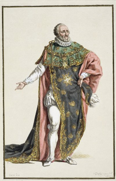 アンリ4世（1553-1610）フランス国王、現存するすべての国のコスチュームに続く、ランクとディグナイトを表す、レキュイユデエスタンプ出身で、1780年に出版されました（手塗りの彫刻） 作： Pierre Duflos