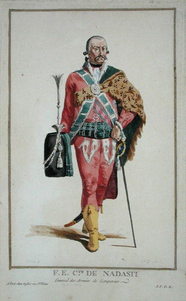1780年に出版された「Receuil des Estampes, Representant les Rangs and les Dignites, suivant le Costume de toutes of the toutes existantes」よりナダスティ伯爵閣下（手彩色の彫刻版） 作： Pierre Duflos