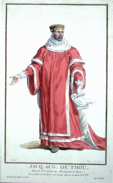 ジャック・オーギュスト・ドゥ・トウ（1533-1617）「Receuil des Estampes, Representant les Rangs and les Dignites, suivant le Costume de toutes les Nationes Existantes」（1780年刊）より（手彩色の彫刻）。 作： Pierre Duflos