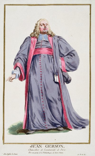 ジャン・ゲルソン（1363-1429）、1780年に出版された「Receuil des Estampes, Representant les Rangs and les Dignites, suivant le Costume de toutes of the Nationes Existantes」より（手彩色の彫刻）。 作： Pierre Duflos
