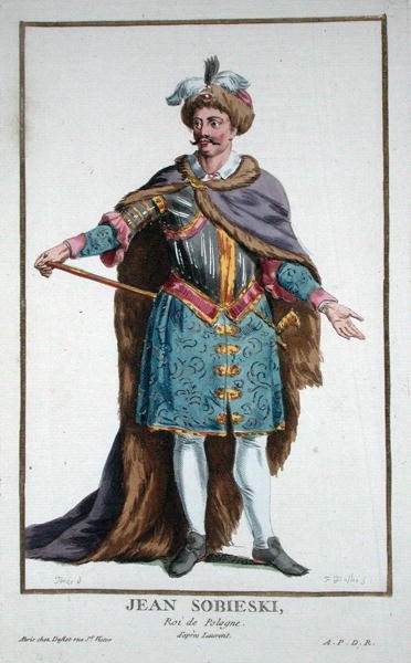 John III Sobiewski (1629-96) ポーランド王 1780年に出版された「Receuil des Estampes, representant les Rangs and les Dignites, suivant le Costume de toutes of the Nationes Existantes」より（手彩色の彫刻）。 作： Pierre Duflos
