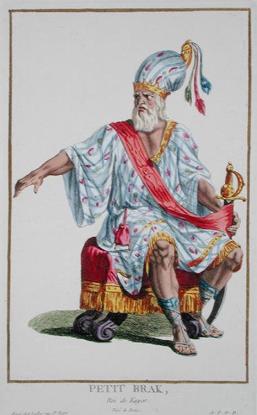 カヨールの王、リトル・ブラク、1780年に出版された「Receuil des Estampes, representant les Rangs and les Dignites, suivant le Costume de toutes Existantes」より（手彩色の彫刻）。 作： Pierre Duflos