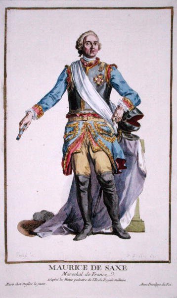 モーリス・オブ・ザクセン（1696-1750）、1780年に出版された「Receuil des Estampes, Representant les Rangs and les Dignites, suivant le Costume de toutes of the Nationes Existantes」より（手彩色の彫刻）。 作： Pierre Duflos