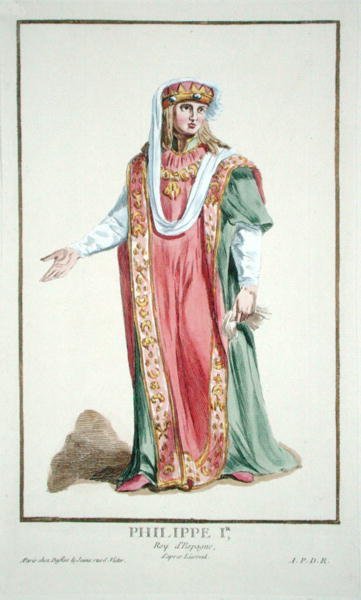 フィリップ1世（1478-1506）カスティーリャ王 1780年出版の「Receuil des Estampes, Representant les Rangs and les Dignites, suivant le Costume de toutes of the Nationes Existantes」より（手彩色のエングレービング） 作： Pierre Duflos