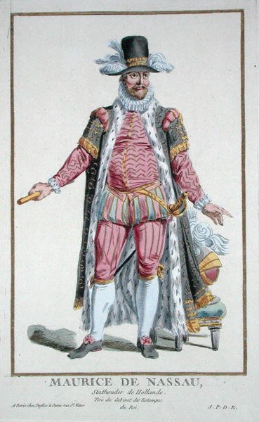 ナッソー公モーリス（1567-1625）オランダ共和国の市議会議員 1780年発行の「Receuil des Estampes, representant les Rangs and les Dignites, suivant le Costume de toutes les Nation Existantes」より（手彩色のエングレービング） 作： Pierre Duflos