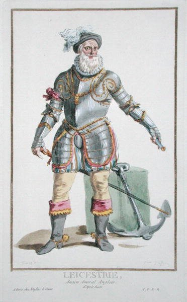 ロバート・ダドリー（1533-88）レスター伯爵、1780年出版の「Receuil des Estampes, representant les Rangs and les Dignites, suivant le Costume de toutes of the Nationes Existantes」より（手彩色の彫刻）。 作： Pierre Duflos
