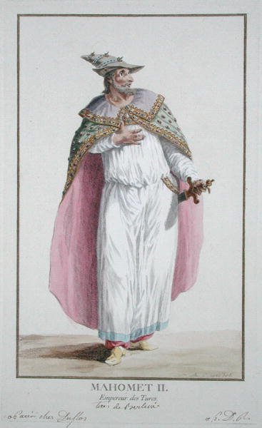 スルタン・マホメット2世（1432-81）、1780年発行の「Receuil des Estampes, representant les Rangs and les Dignites, suivant le Costume de toutes of the Nationes Existantes」より（手彩色彫刻） 作： Pierre Duflos