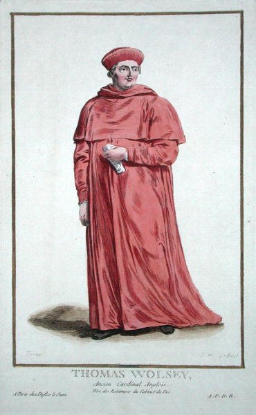 Thomas Wolsey (c.1475-1530)、1780年に出版された「Receuil des Estampes, representant les Rangs and les Dignites, suivant le Costume de toutes of the Nationes Existantes」より（手彩色の彫刻）。 作： Pierre Duflos