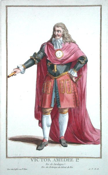 ヴィクトル・アマデウス2世（1666-1732）「Receuil des Estampes, representant les Rangs and les Dignites, suivant le Costume de toutes les Nationes Existantes」（1780年刊）より（手彩色の彫刻）。 作： Pierre Duflos